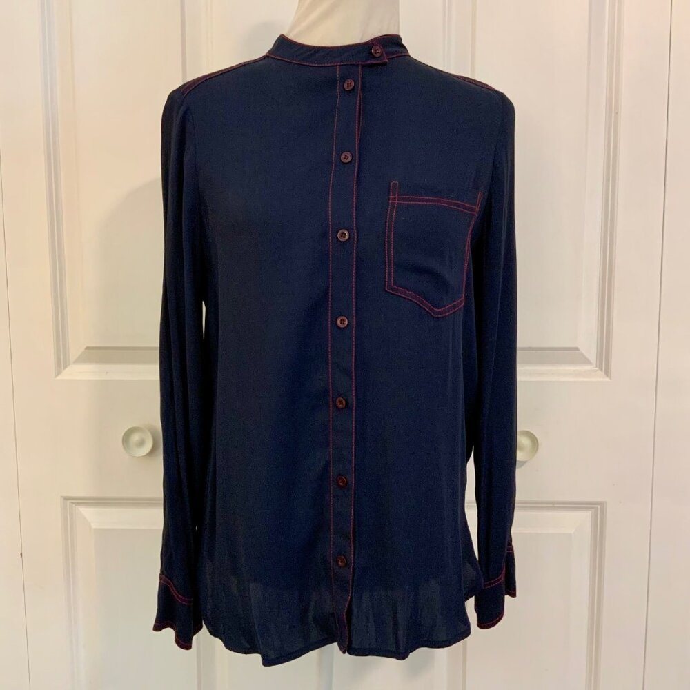 Marciano Navy Blue Red Contrast Stitch Mandarin Collar Long Sleeve Top Small